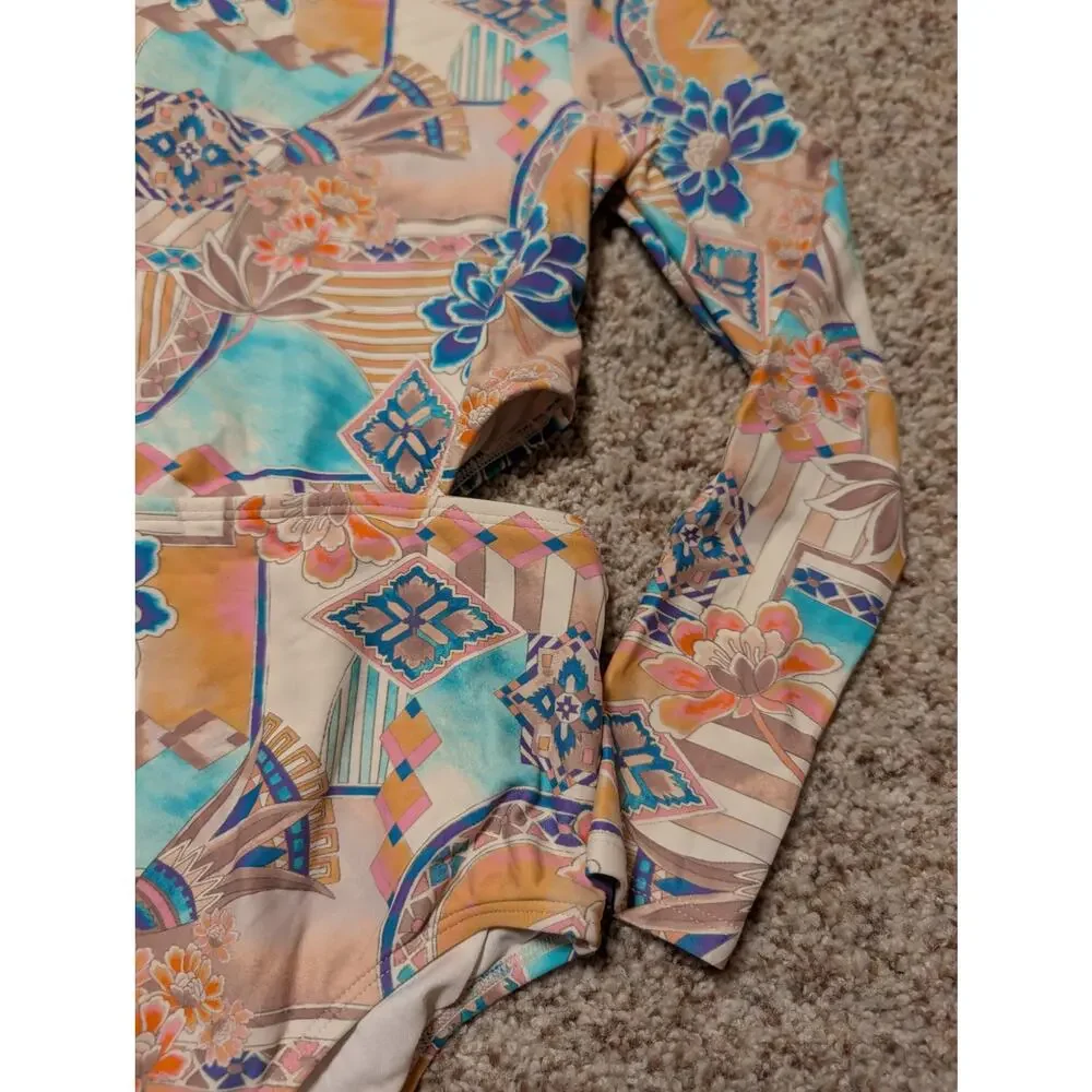 O'NEILL Floral long sleeve, cut out girls one piece swim suit, size 14, surf